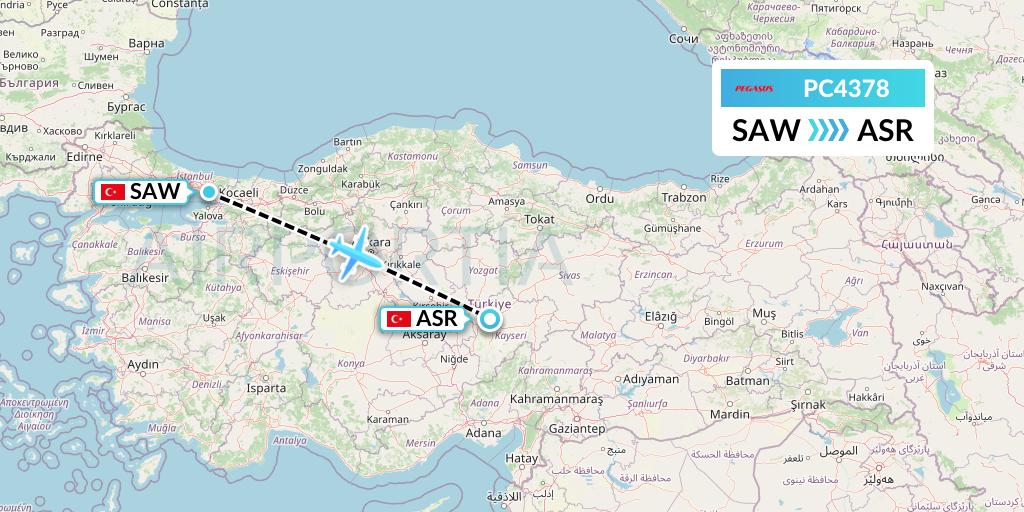 PC4378 Pegasus Airlines Flight Map: Istanbul to Kayseri