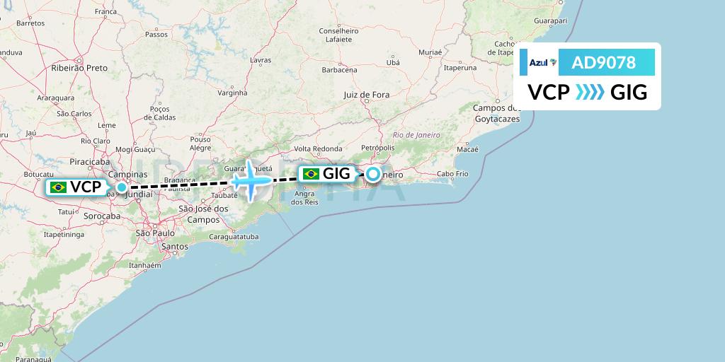 AD9078 Azul Brazilian Airlines Flight Map: Campinas to Rio de Janeiro