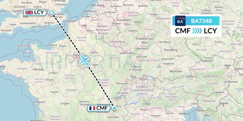 BA7348 British Airways Flight Map: Chambery to London