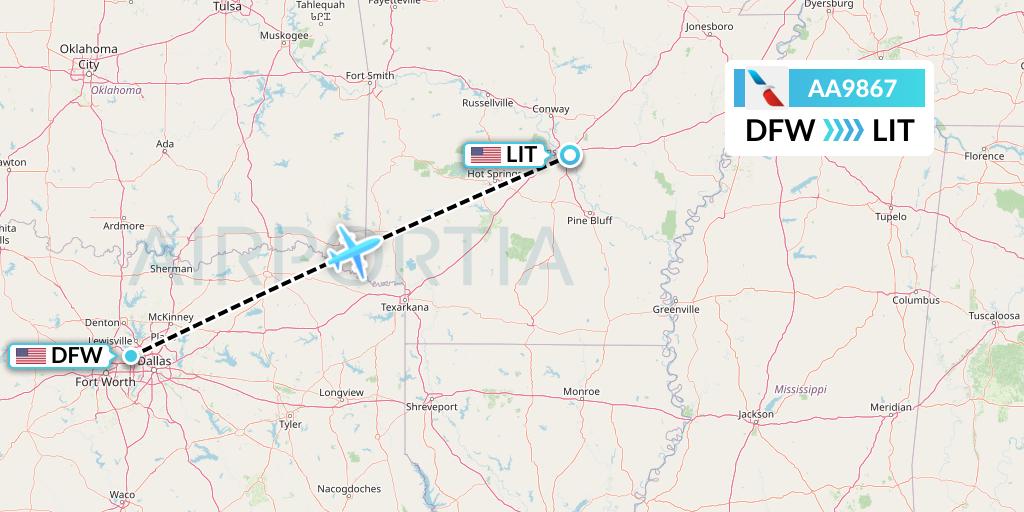 AA9867 American Airlines Flight Map: Dallas to Little Rock