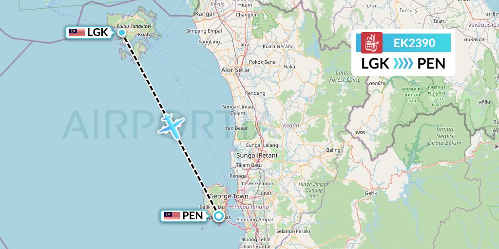 EK2390 Emirates Flight Map: Langkawi to Penang