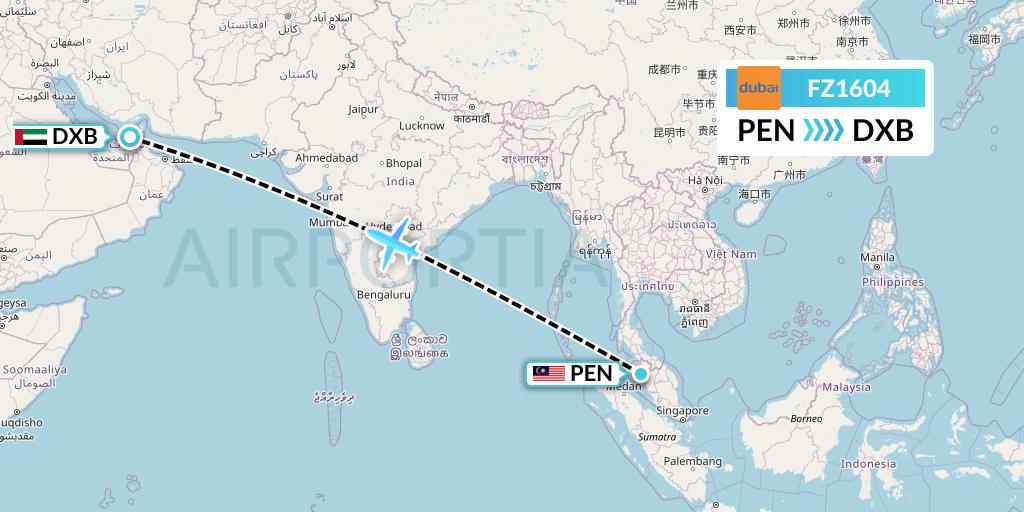 FZ1604 FlyDubai Flight Map: Penang to Dubai