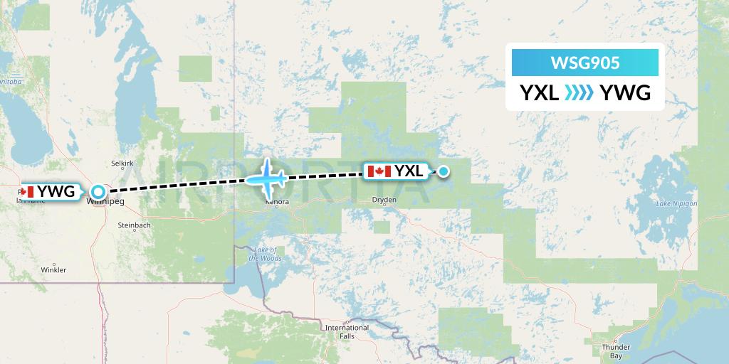WSG905 Wasaya Airways Flight Map: Sioux Lookout to Winnipeg