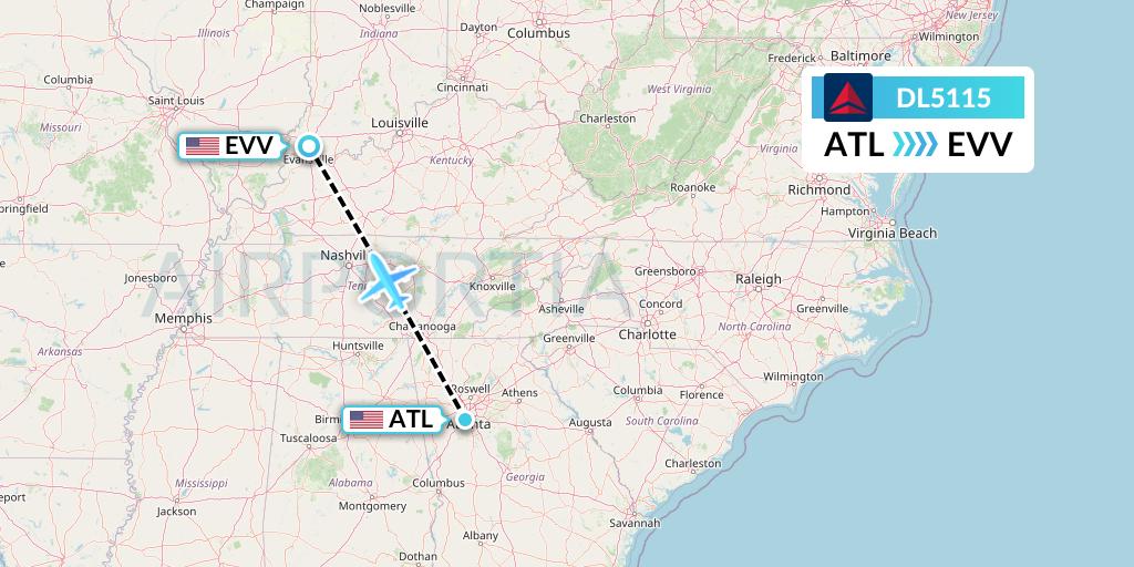 DL5115 Delta Air Lines Flight Map: Atlanta to Evansville