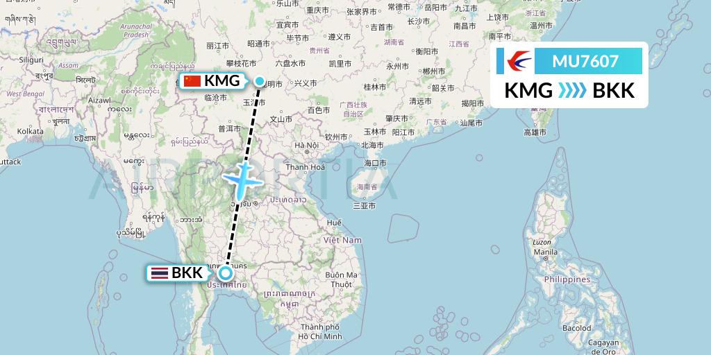 MU7607 China Eastern Airlines Flight Map: Kunming to Bangkok