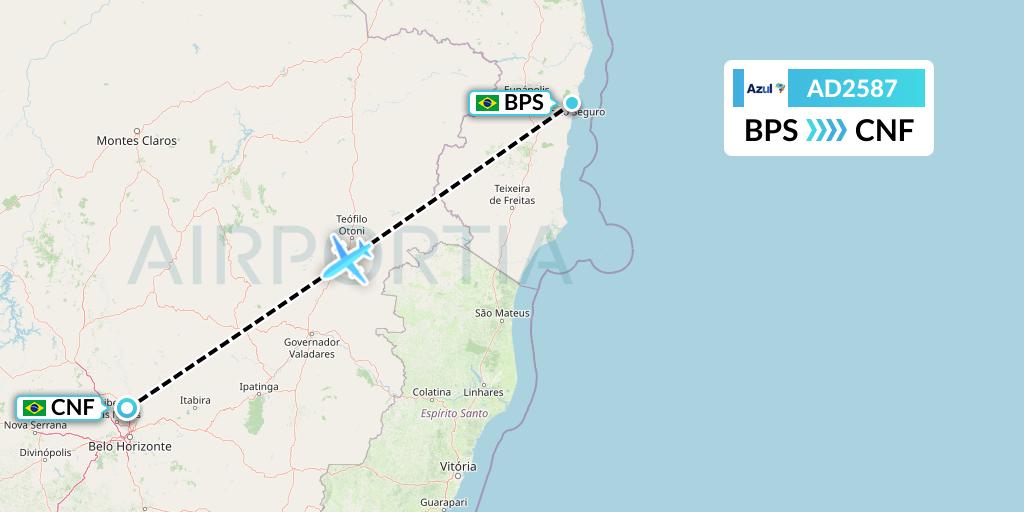 AD2587 Azul Brazilian Airlines Flight Map: Porto Seguro to Belo Horizonte