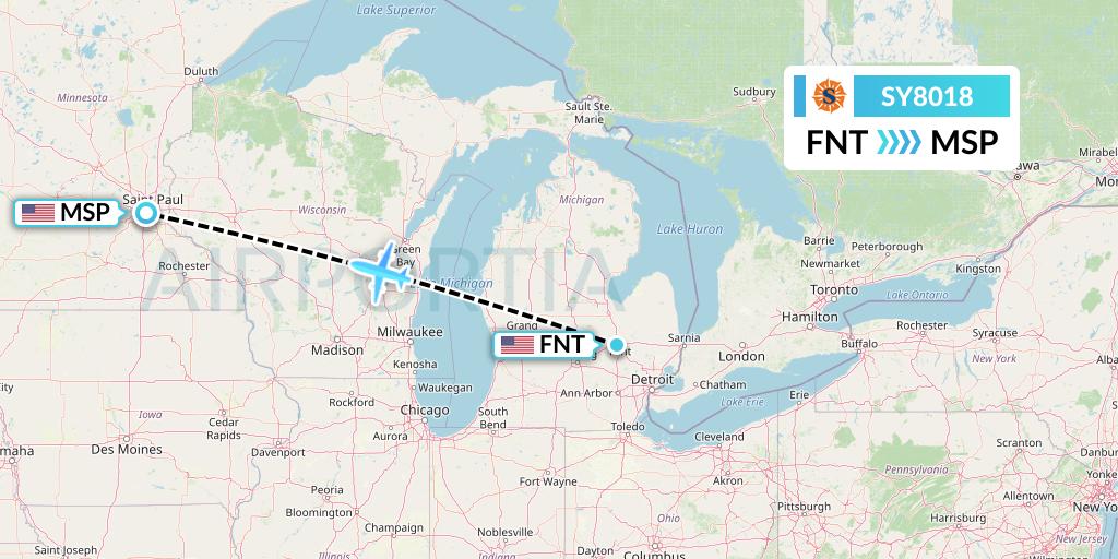 SY8018 Sun Country Airlines Flight Map: Flint to Minneapolis