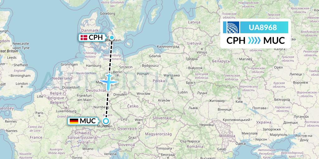 UA8968 United Airlines Flight Map: Copenhagen to Munich