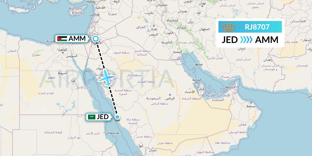 RJ8707 Royal Jordanian Flight Map: Jeddah to Amman