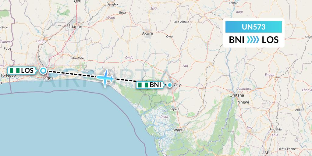 UN573 United Nigeria Airlines Flight Map: Benin to Lagos