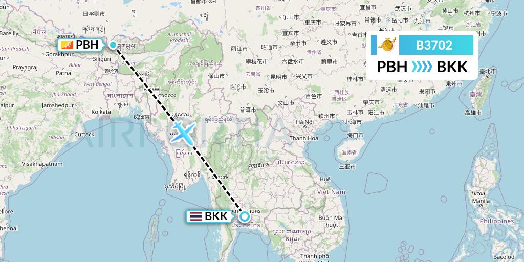 B3702 Bhutan Airlines Flight Map: Paro to Bangkok
