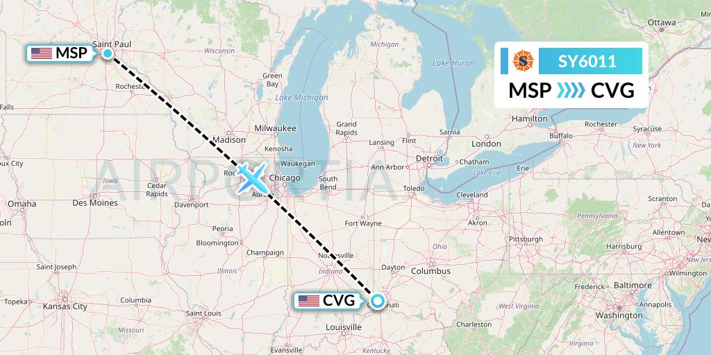 SY6011 Sun Country Airlines Flight Map: Minneapolis to Cincinnati