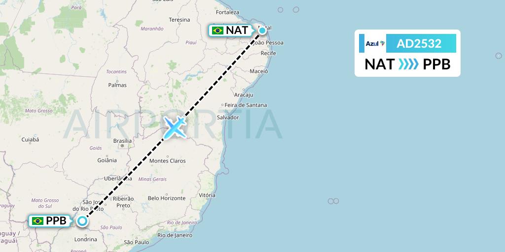 AD2532 Azul Brazilian Airlines Flight Map: Natal to Presidente Prudente