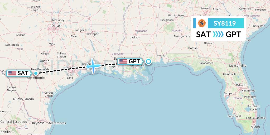 SY8119 Sun Country Airlines Flight Map: San Antonio to Gulfport