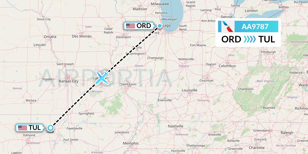 AA9787 American Airlines Flight Map: Chicago to Tulsa