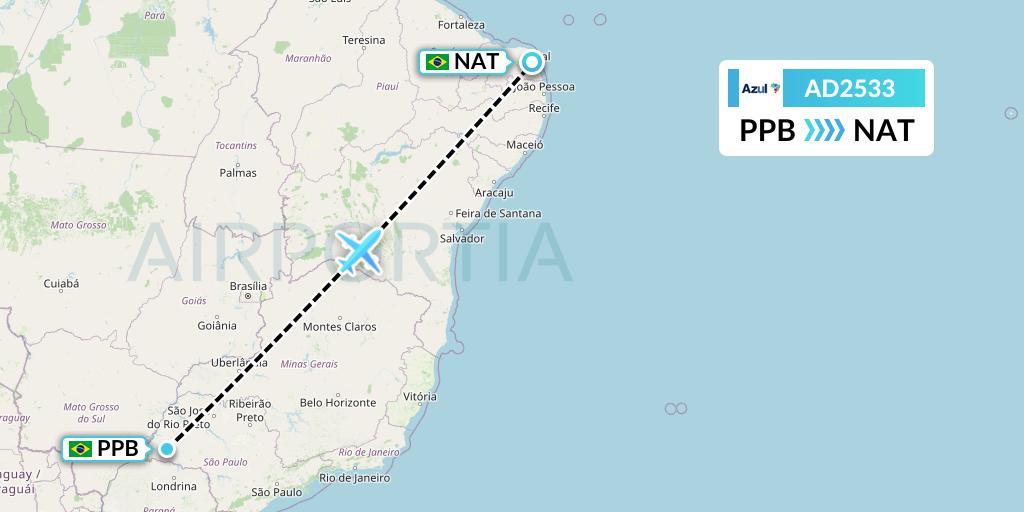 AD2533 Azul Brazilian Airlines Flight Map: Presidente Prudente to Natal