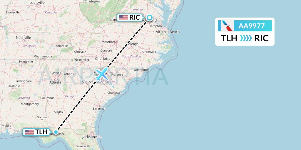 AA9977 American Airlines Flight Map: Tallahassee to Richmond
