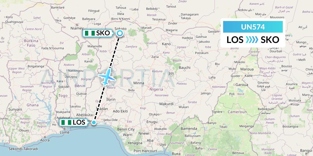 UN574 United Nigeria Airlines Flight Map: Lagos to Sokoto