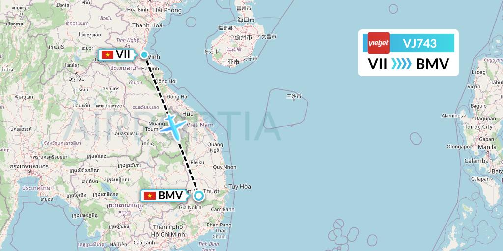 VJ743 VietJet Air Flight Map: Vinh to Buon Ma Thuot
