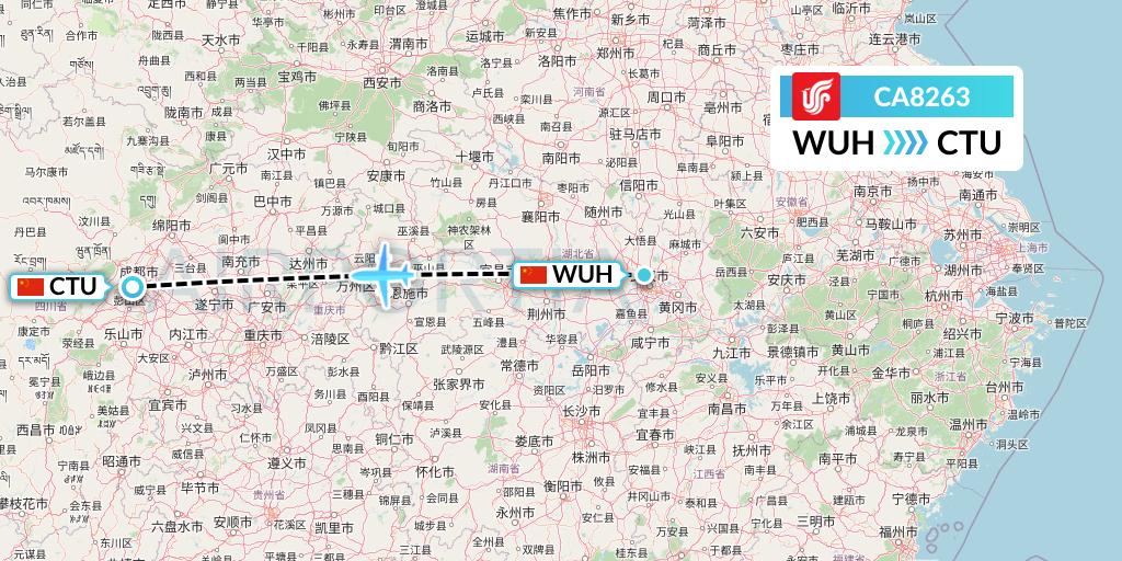 CA8263 Air China Flight Map: Wuhan to Chengdu