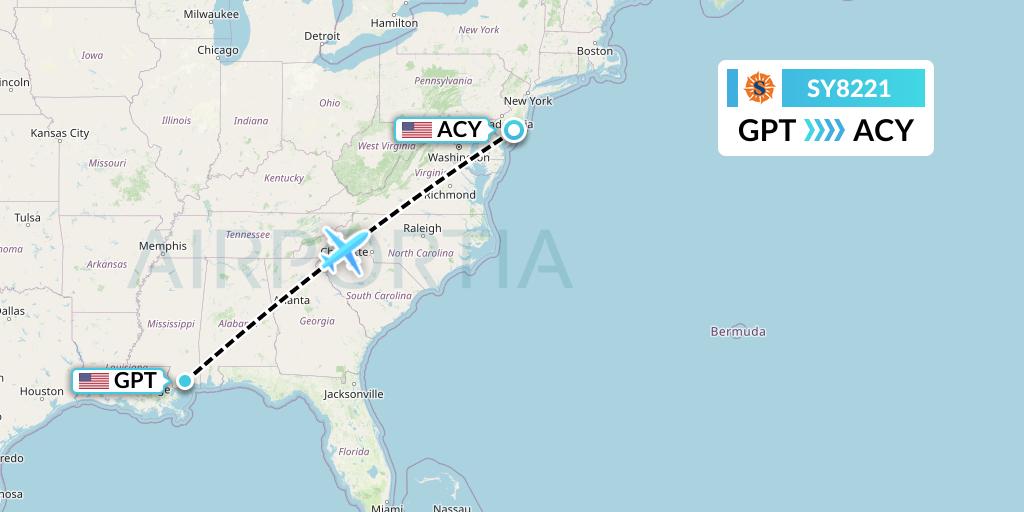 SY8221 Sun Country Airlines Flight Map: Gulfport to Atlantic City
