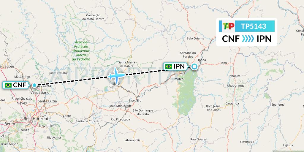 TP5143 TAP Portugal Flight Map: Belo Horizonte to Ipatinga