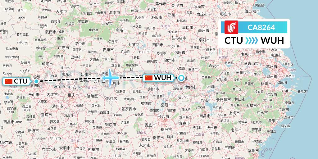CA8264 Air China Flight Map: Chengdu to Wuhan