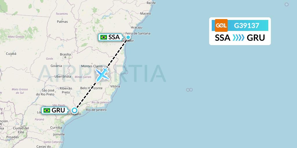 G39137 GOL Transportes Aeros Flight Map: Salvador to Sao Paulo
