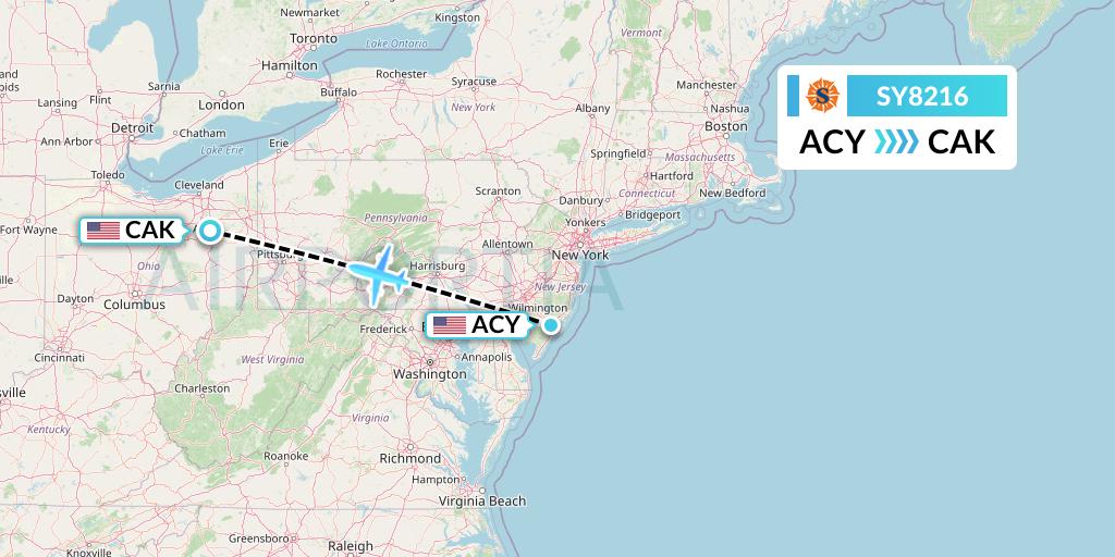 SY8216 Sun Country Airlines Flight Map: Atlantic City to Akron