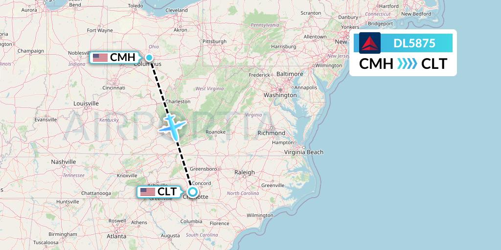 DL5875 Delta Air Lines Flight Map: Columbus to Charlotte