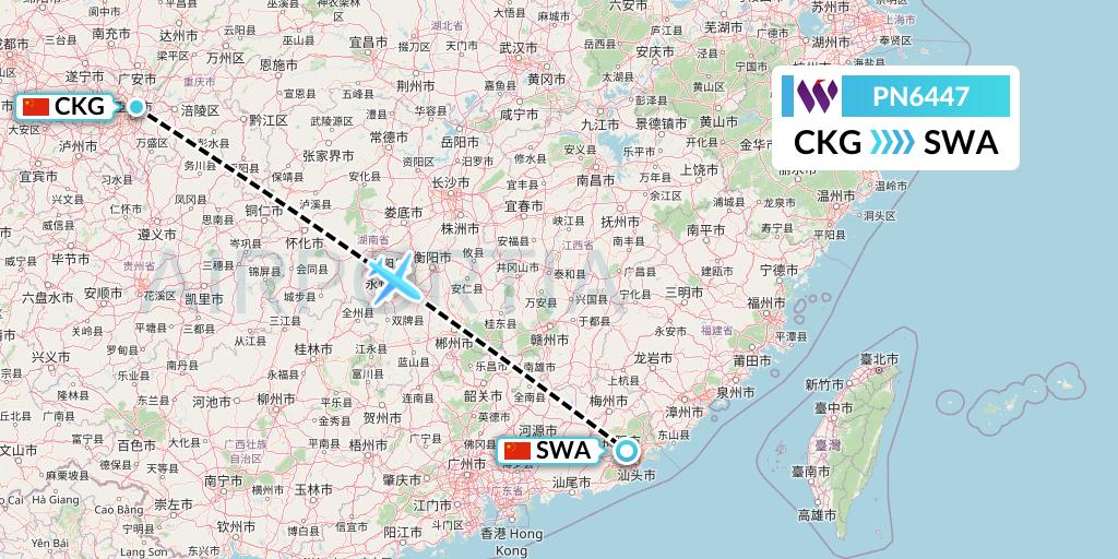 PN6447 China West Air Flight Map: Chongqing to Jieyang