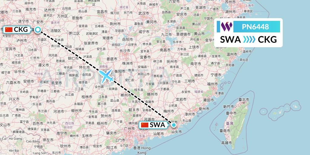 PN6448 China West Air Flight Map: Jieyang to Chongqing