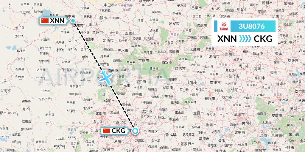 3U8076 Sichuan Airlines Flight Map: Xining to Chongqing