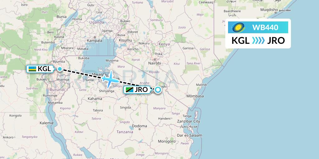 WB440 RwandAir Flight Map: Kigali to Kilimanjaro