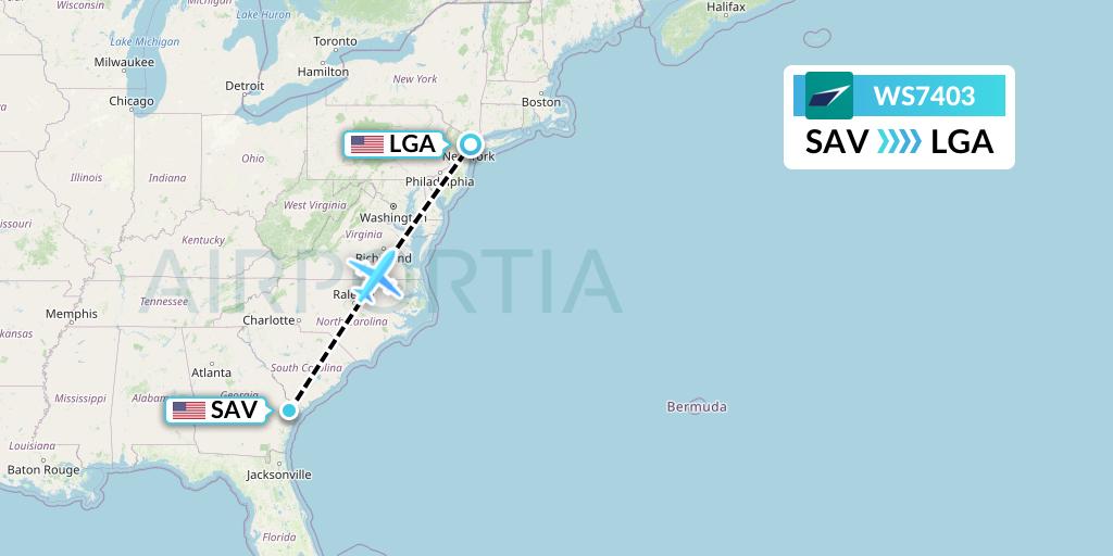 WS7403 WestJet Flight Map: Savannah to New York