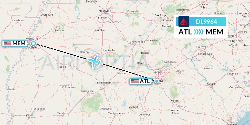 DL9964 Delta Air Lines Flight Map: Atlanta to Memphis