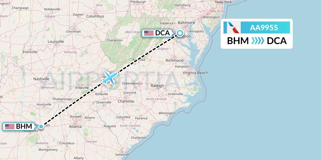 AA9955 American Airlines Flight Map: Birmingham to Washington