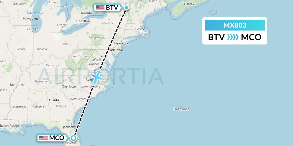 MX803 Breeze Airways Flight Map: Burlington to Orlando