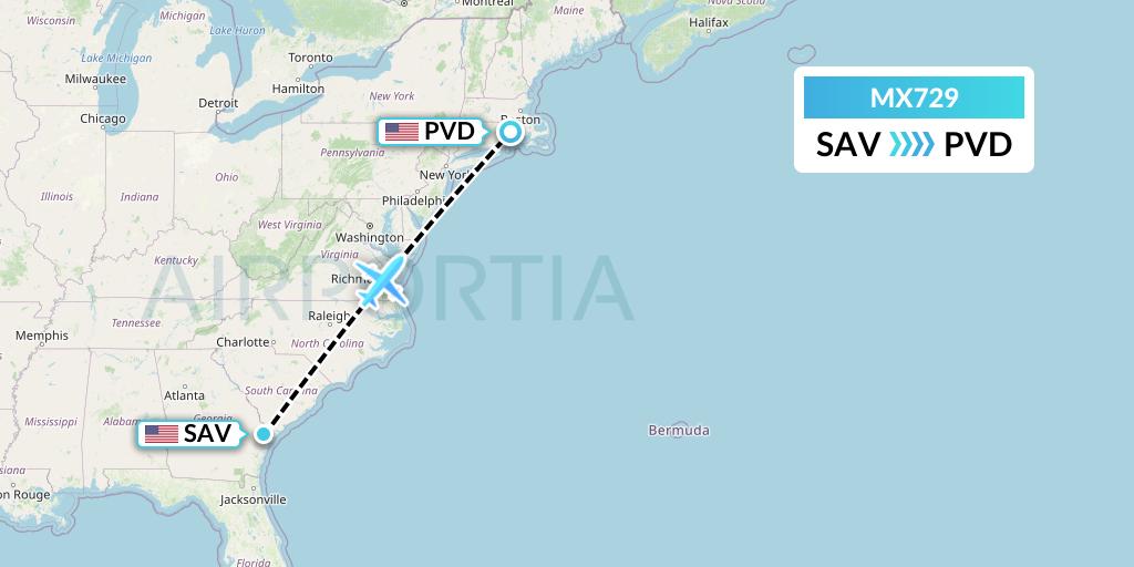 MX729 Breeze Airways Flight Map: Savannah to Providence