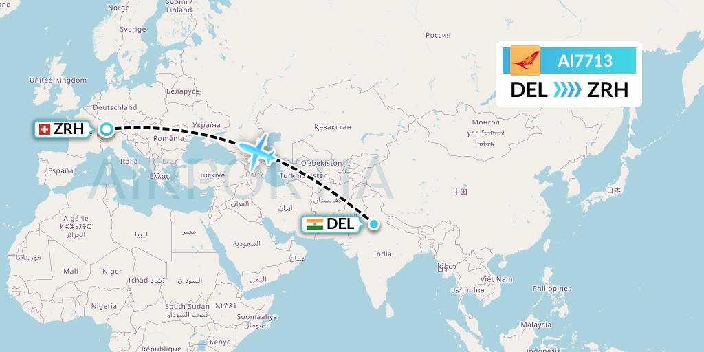 AI7713 Air India Flight Map: Delhi to Zurich