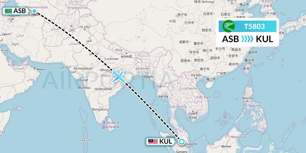 T5803 Turkmenistan Airlines Flight Map: Ashgabat to Kuala Lumpur