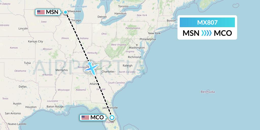 MX807 Breeze Airways Flight Map: Madison to Orlando