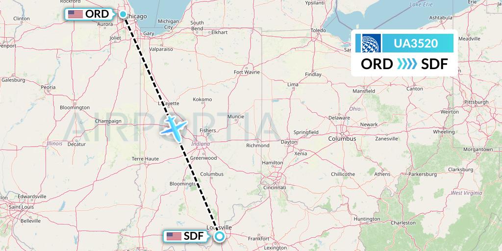 UA3520 United Airlines Flight Map: Chicago to Louisville