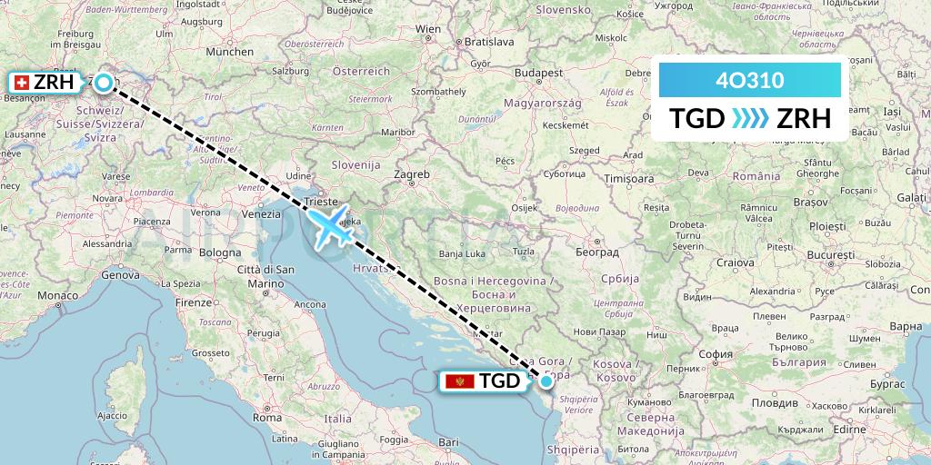 4O310 Air Montenegro Flight Map: Podgorica to Zurich