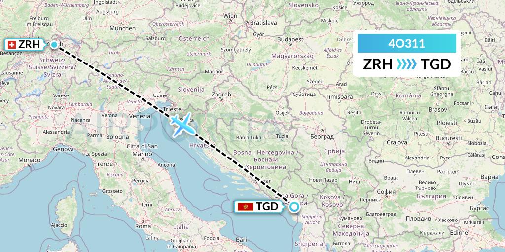 4O311 Air Montenegro Flight Map: Zurich to Podgorica