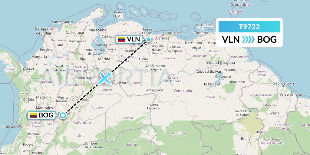 T9722 Turpial Airlines Flight Map: Valencia to Bogota