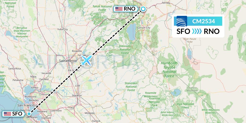 CM2534 Copa Airlines Flight Map: San Francisco to Reno