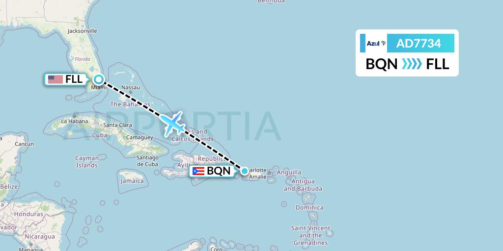 AD7734 Azul Brazilian Airlines Flight Map: Aguadilla to Fort Lauderdale