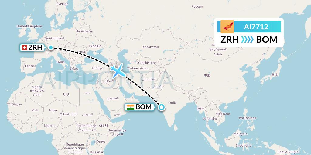 AI7712 Air India Flight Map: Zurich to Mumbai
