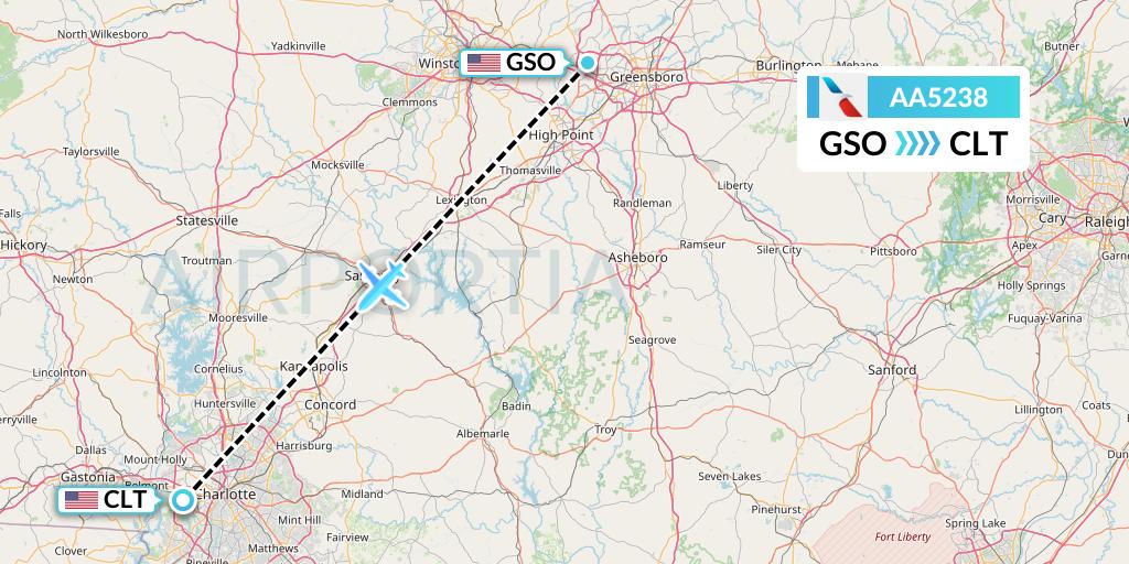AA5238 American Airlines Flight Map: Greensboro to Charlotte